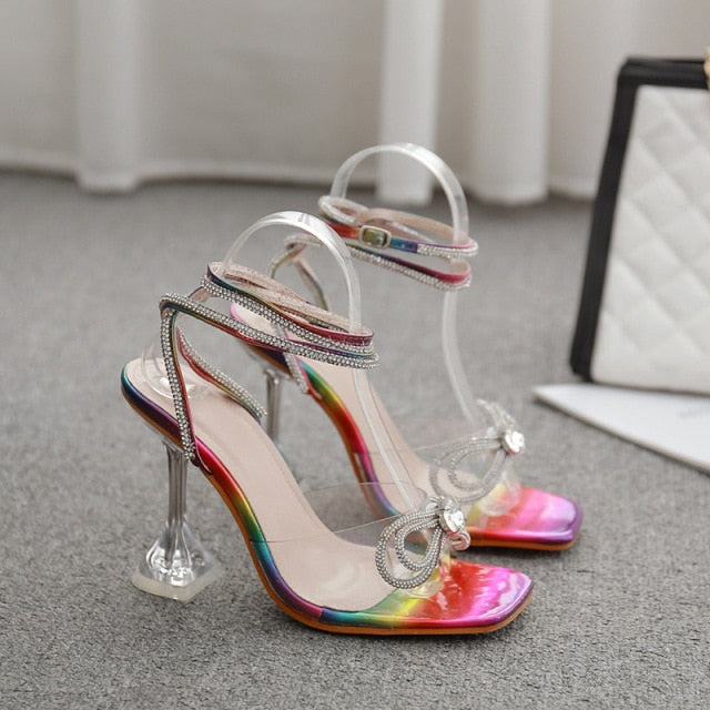 pretty toes - bling pumps square toe - crystal bowtie - rainbow sole