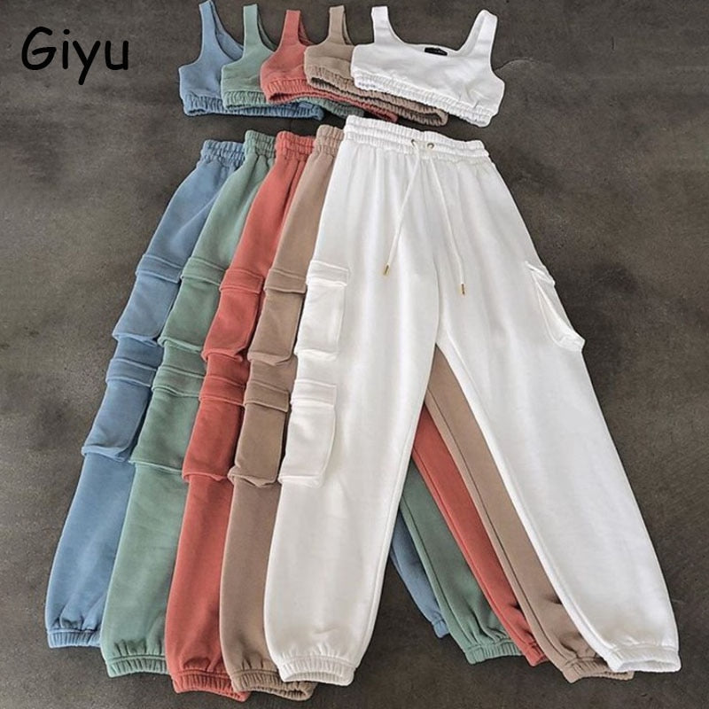 “pretty chill set”  2 piece set women casual sport set crop top pants set women clothing two piece set white cargo tracksuit woman pants