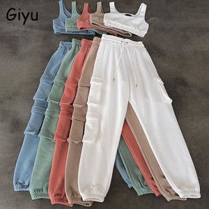 “pretty chill set”  2 piece set women casual sport set crop top pants set women clothing two piece set white cargo tracksuit woman pants