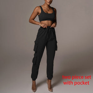 “pretty chill set”  2 piece set women casual sport set crop top pants set women clothing two piece set white cargo tracksuit woman pants