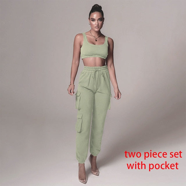 “pretty chill set”  2 piece set women casual sport set crop top pants set women clothing two piece set white cargo tracksuit woman pants