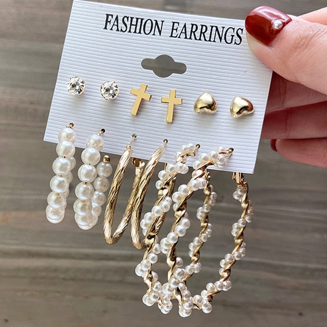 17km fashion pearl hoop earrings set for women geometirc gold metal circle hoop earrings brincos 2021 trend jewelry gift cs50985