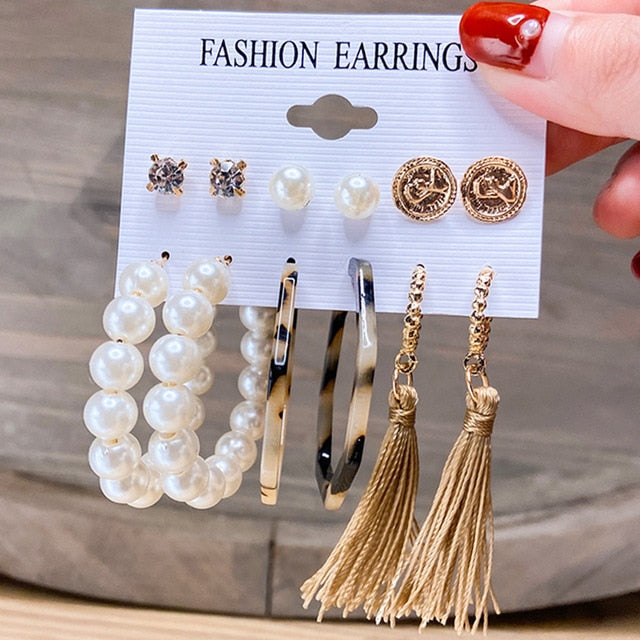 17km fashion pearl hoop earrings set for women geometirc gold metal circle hoop earrings brincos 2021 trend jewelry gift cs5174