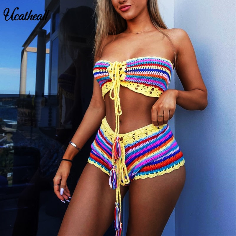 fishnetting - women two piece set summer tank top +  short outfits sets tracksuit hollow out femme conjuntos de mujer