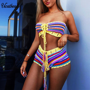 fishnetting - women two piece set summer tank top +  short outfits sets tracksuit hollow out femme conjuntos de mujer