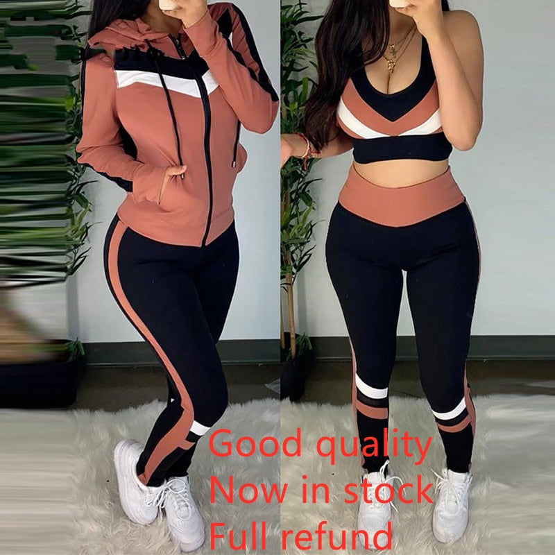 colorblock crop top & high waist pants & hooded coat set casual women 3 piece set outfits sleeve style clothing length collar