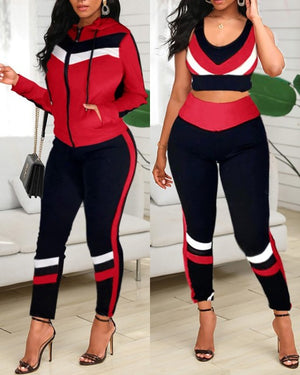 colorblock crop top & high waist pants & hooded coat set casual women 3 piece set outfits sleeve style clothing length collar