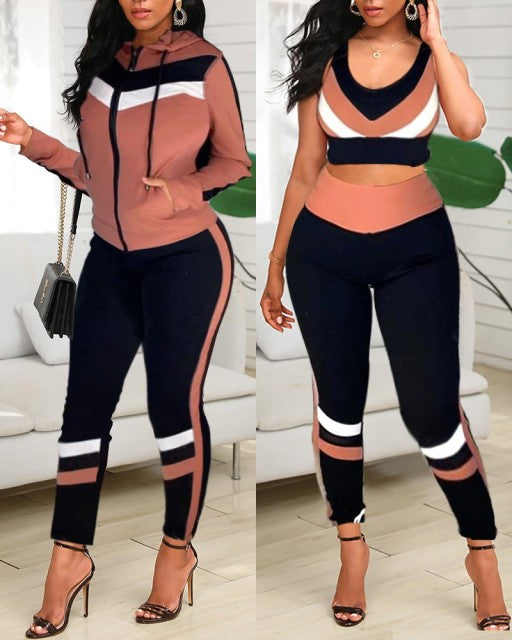 colorblock crop top & high waist pants & hooded coat set casual women 3 piece set outfits sleeve style clothing length collar