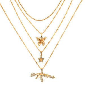 ak47 and other girly charms! necklace gold layered rhinestone tennis necklace for women shining crystal ak47 gun pendants long chain jewelry 048601gd