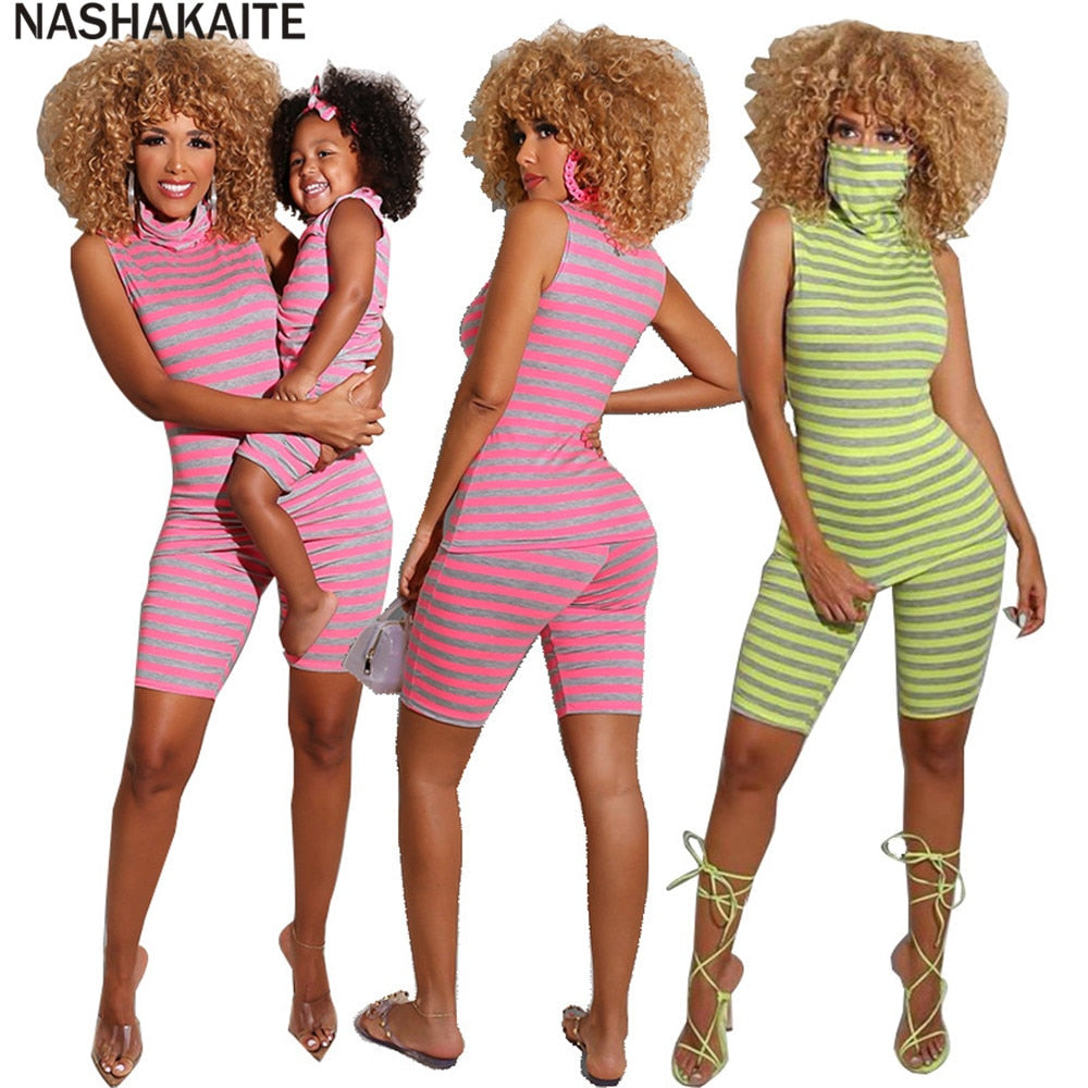 nashakaite 2021 mum and daughter clothes summer striped sleeveless casual jumpsuit romper mommy and me outfits family look