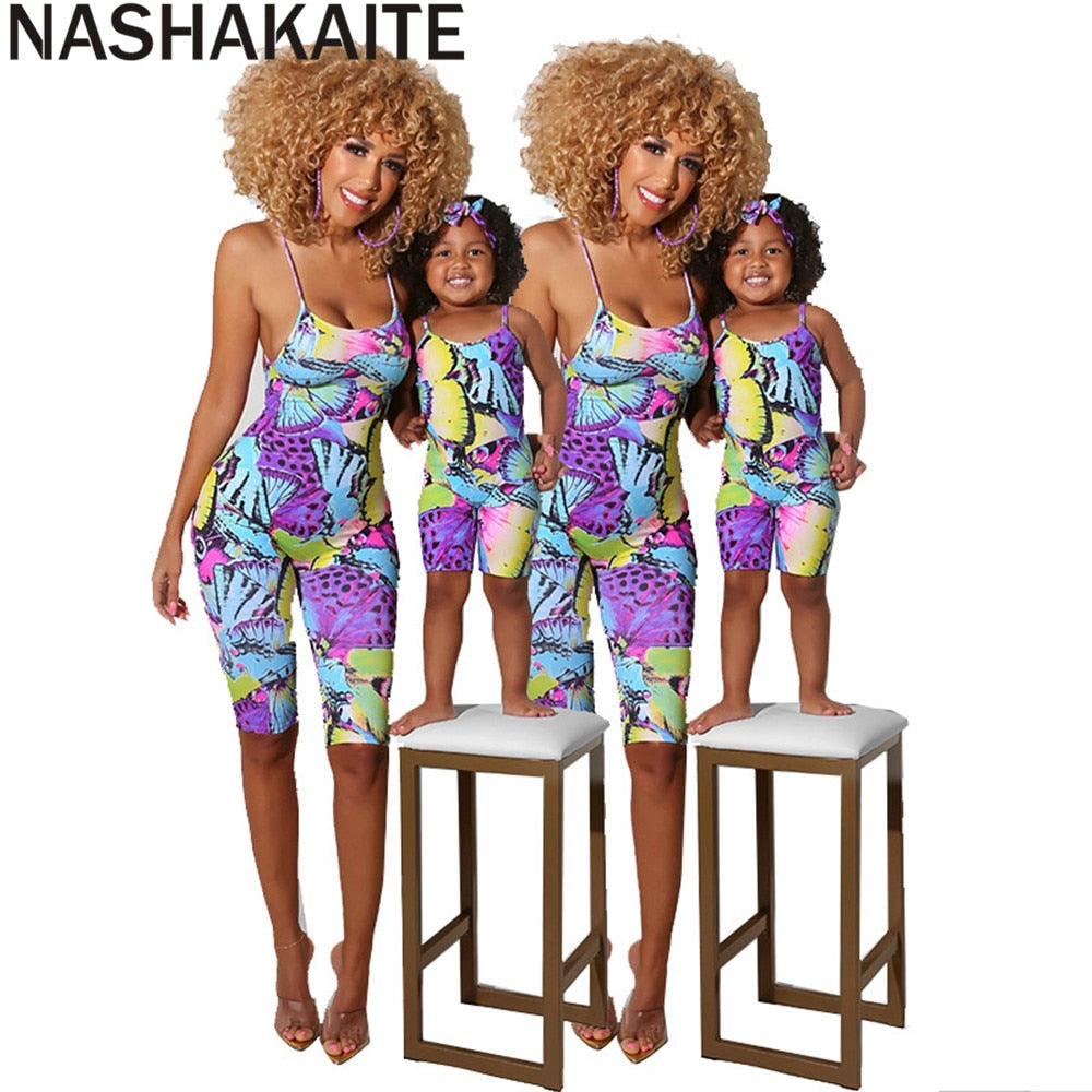 nashakaite summer mother and daughter clothes butterfly print sling jumpsuit sleeveless backless rompers mommy and me outfits