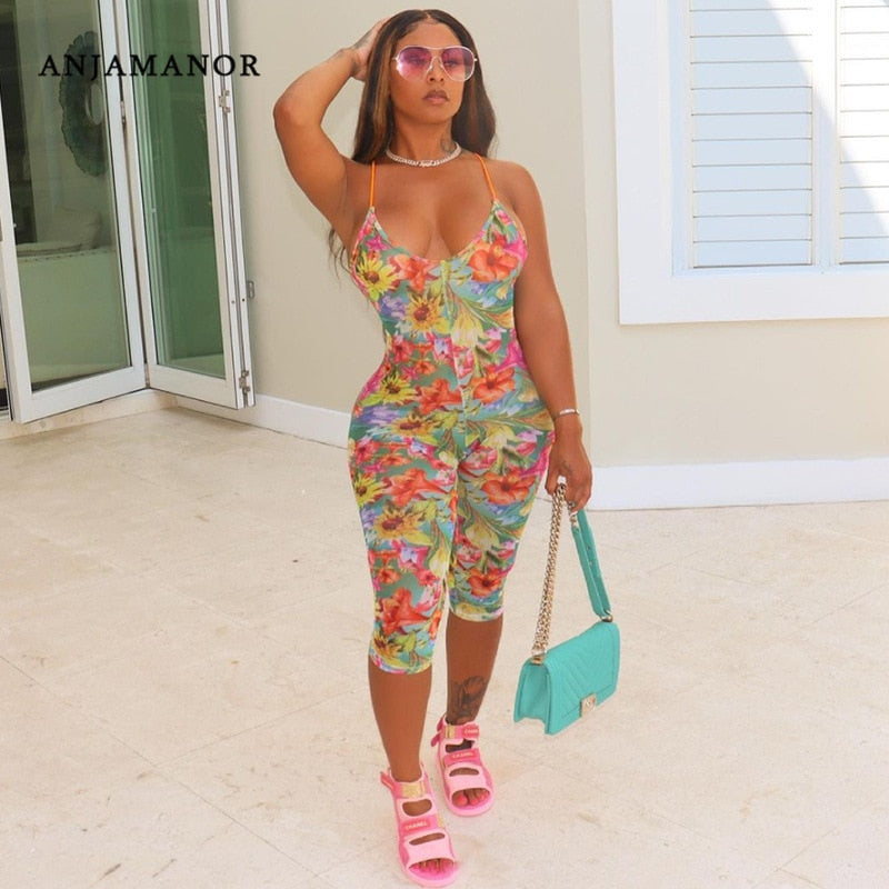 anjamanor sexy floral hawaiian print mesh romper club outfits for women summer 2021 halter bodycon jumpsuit shorts d85-ai10