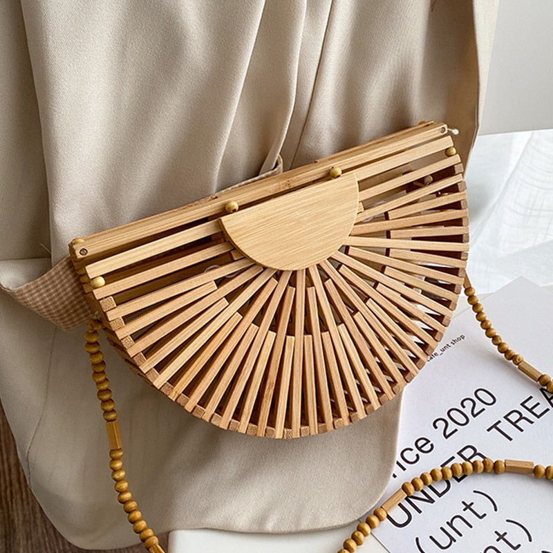 bamboo bags - 2021 summer luxury handbag for women shoulder bag semicircle  bamboo woven beach bag mobile phone wallet