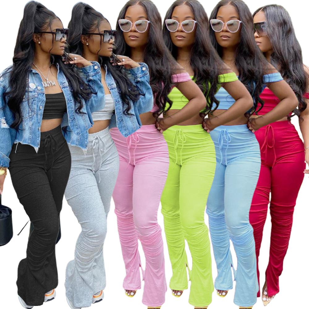 crop top split bottoms - sport solid women two piece set tracksuits off shoulder crop tops stacked flare jogger pants suit outfits matching set