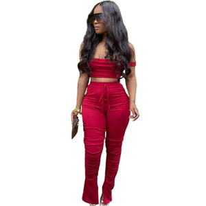 crop top split bottoms - sport solid women two piece set tracksuits off shoulder crop tops stacked flare jogger pants suit outfits matching set