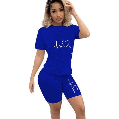 casual tracksuit women two piece set summer t-shirts and shorts sets solid color print short sleeve top tees female suits s-4xl