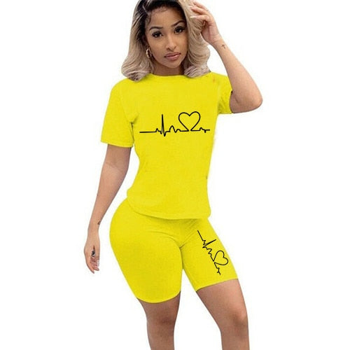 casual tracksuit women two piece set summer t-shirts and shorts sets solid color print short sleeve top tees female suits s-4xl