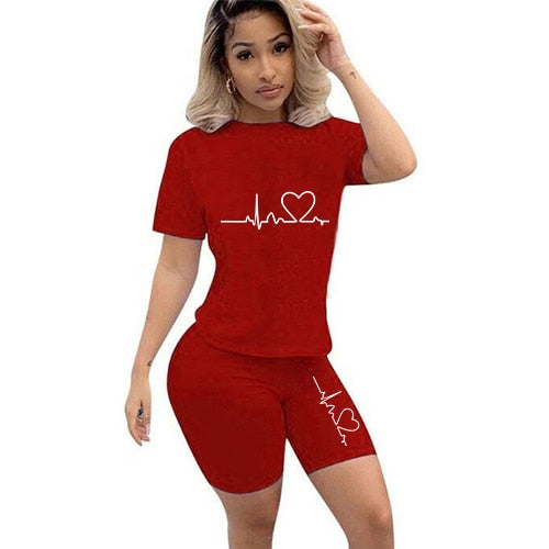 casual tracksuit women two piece set summer t-shirts and shorts sets solid color print short sleeve top tees female suits s-4xl