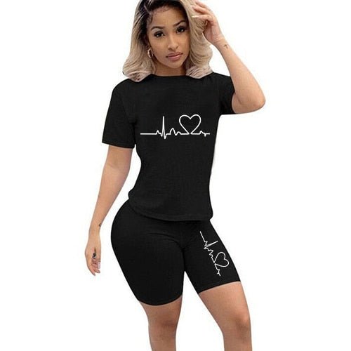 casual tracksuit women two piece set summer t-shirts and shorts sets solid color print short sleeve top tees female suits s-4xl