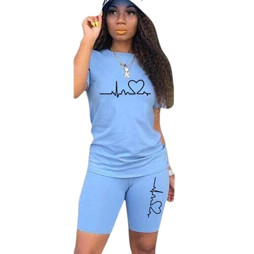 casual tracksuit women two piece set summer t-shirts and shorts sets solid color print short sleeve top tees female suits s-4xl