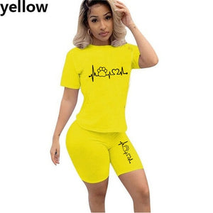 casual tracksuit women two piece set summer t-shirts and shorts sets solid color print short sleeve top tees female suits s-4xl