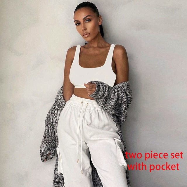 “pretty chill set”  2 piece set women casual sport set crop top pants set women clothing two piece set white cargo tracksuit woman pants