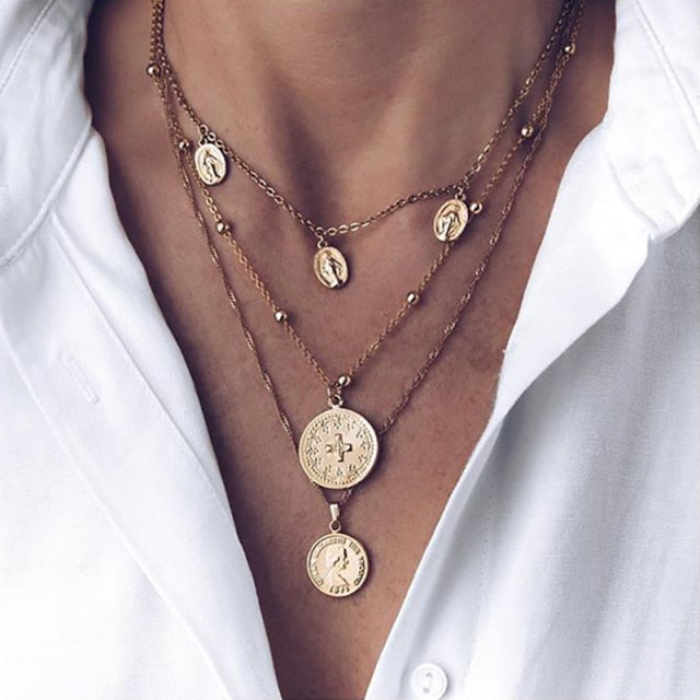 bohemian layers - pendant necklace for women vintage coco cross lotus virgin mary collar choker bead chain jewelry gift ipa0270