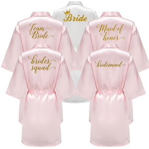 wedding party bridesmaid maid of honor robe with gold writing letter women lady pink satin bathrobe kimono s-4xl