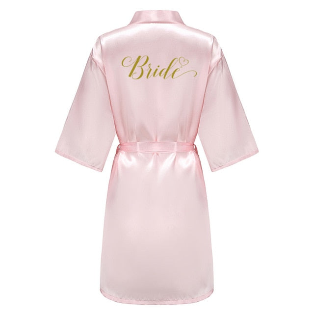 wedding party bridesmaid maid of honor robe with gold writing letter women lady pink satin bathrobe kimono s-4xl