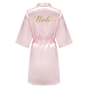 wedding party bridesmaid maid of honor robe with gold writing letter women lady pink satin bathrobe kimono s-4xl