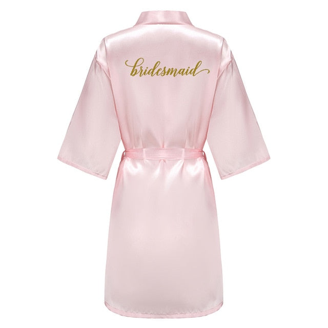 wedding party bridesmaid maid of honor robe with gold writing letter women lady pink satin bathrobe kimono s-4xl