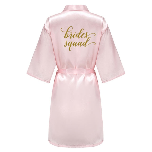 wedding party bridesmaid maid of honor robe with gold writing letter women lady pink satin bathrobe kimono s-4xl