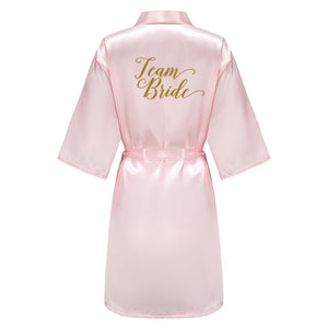 wedding party bridesmaid maid of honor robe with gold writing letter women lady pink satin bathrobe kimono s-4xl