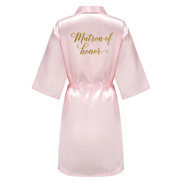 wedding party bridesmaid maid of honor robe with gold writing letter women lady pink satin bathrobe kimono s-4xl