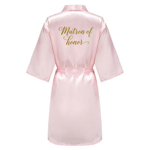 wedding party bridesmaid maid of honor robe with gold writing letter women lady pink satin bathrobe kimono s-4xl