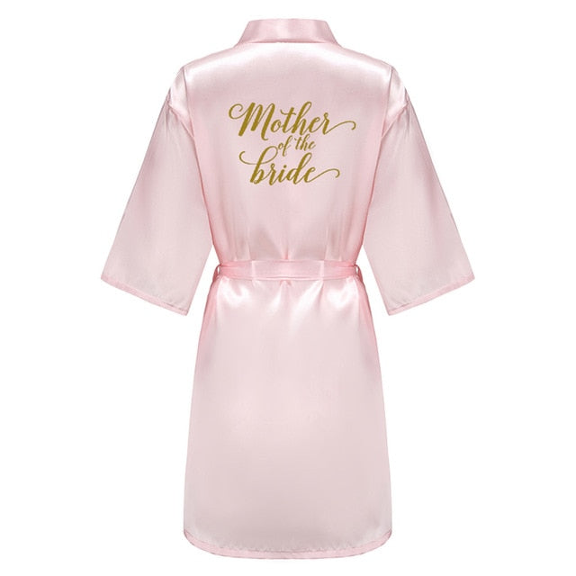 wedding party bridesmaid maid of honor robe with gold writing letter women lady pink satin bathrobe kimono s-4xl