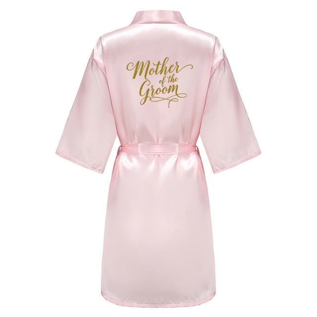 wedding party bridesmaid maid of honor robe with gold writing letter women lady pink satin bathrobe kimono s-4xl