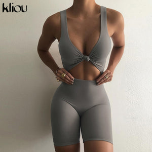 body shots - nude bodysuit casual solid elastic skinny rompers women 2021 sleeveless backless active playsuits workout summer biker shorts playsuit