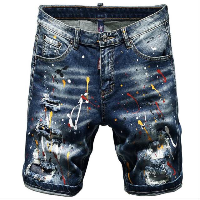 xclusive men’s - blue shorts jeans holes denim shorts paint casual streetwear jeasn shorts high quality men slim fit stretch jeans 38