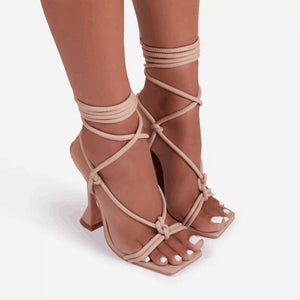 pretty toes - strappy square toe heels - solid heel - popular shoe !