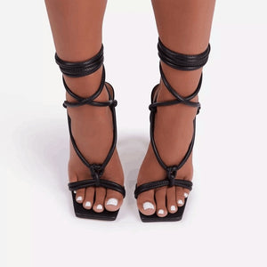 pretty toes - strappy square toe heels - solid heel - popular shoe !