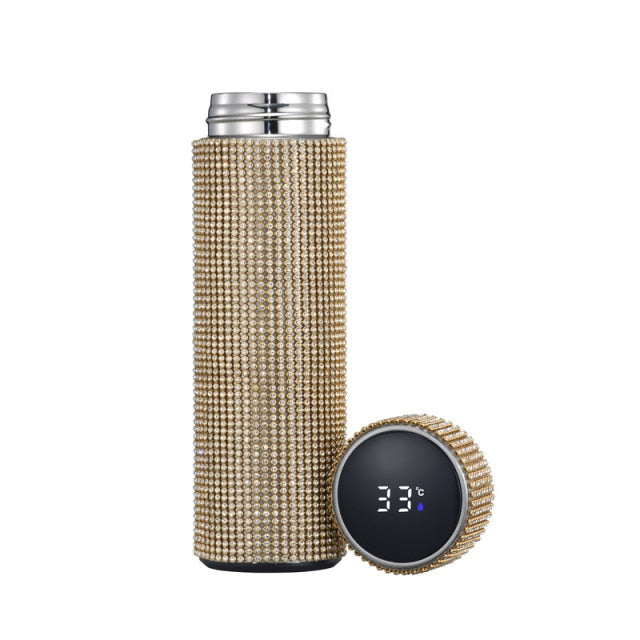 royalty smart bottles - temp display diamond thermos bottle water cup/bottle stainless steel gold 500ml