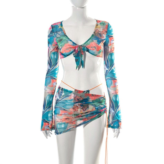 tropical swim - floral printed mesh summer vacation pretty cover up swimwear 3 piece two piece set