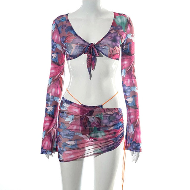 tropical swim - floral printed mesh summer vacation pretty cover up swimwear 3 piece two piece set