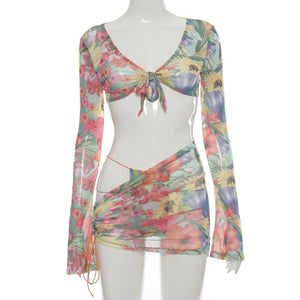 tropical swim - floral printed mesh summer vacation pretty cover up swimwear 3 piece two piece set