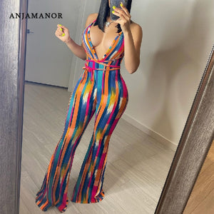 anjamanor halter backless striped jumpsuit womens summer clothing 2021 african flare pants suits sexy club outfits d89-cc36