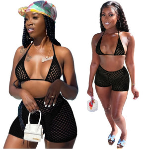 island bae set - mesh hollow out push up bikini 3 piece set beach swimming outfits cover up