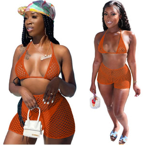 island bae set - mesh hollow out push up bikini 3 piece set beach swimming outfits cover up