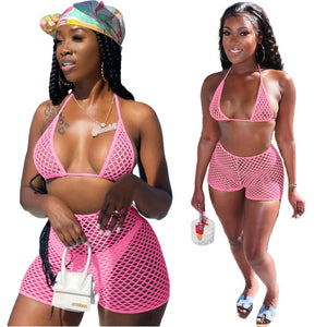 island bae set - mesh hollow out push up bikini 3 piece set beach swimming outfits cover up