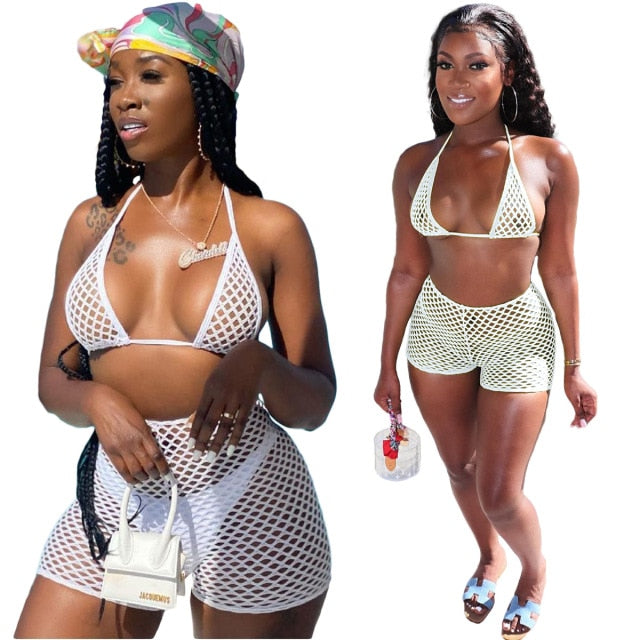 island bae set - mesh hollow out push up bikini 3 piece set beach swimming outfits cover up